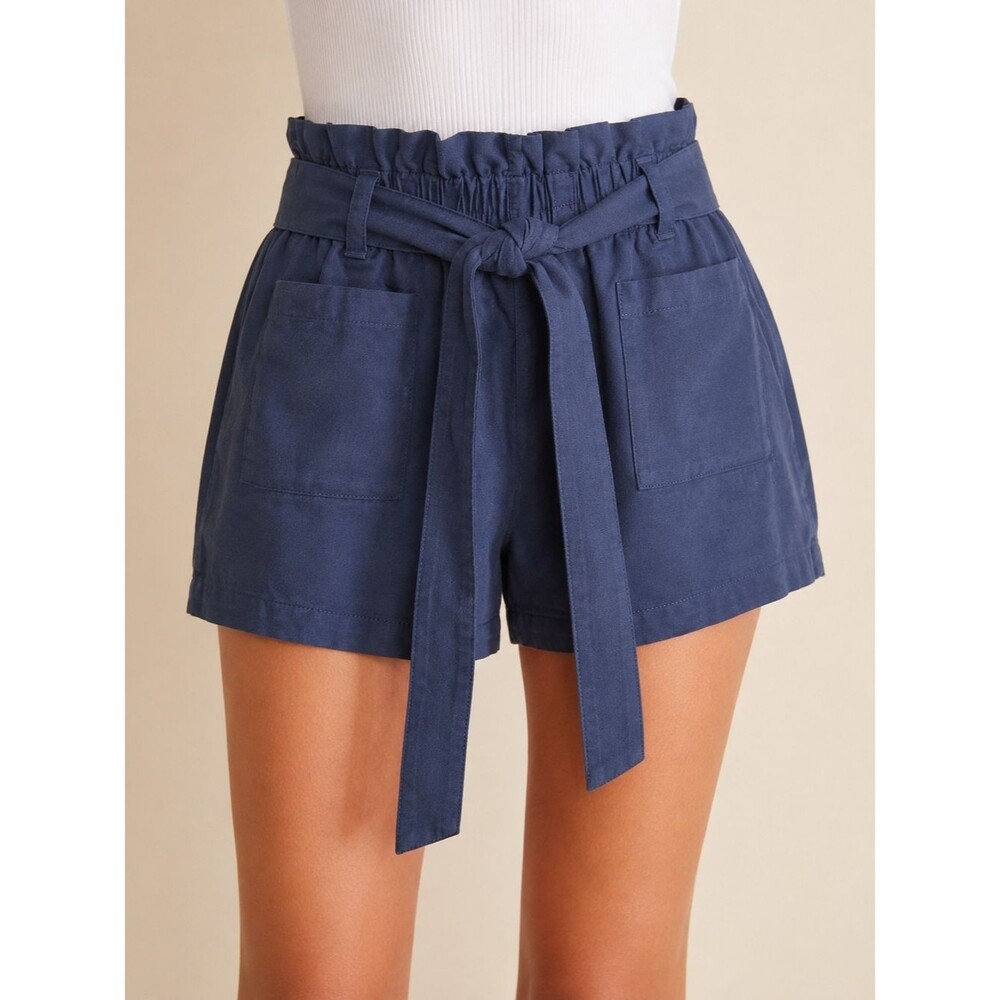 LC Lauren Conrad Blue Paperbag Waist Belted Shorts Women's Large Cotton Blend